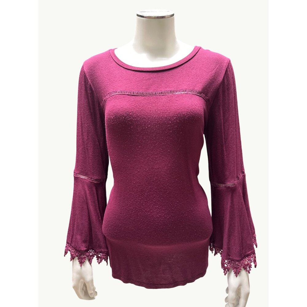 Coverstitched Burgundy Lace Trim Bell Sleeve Top Size M